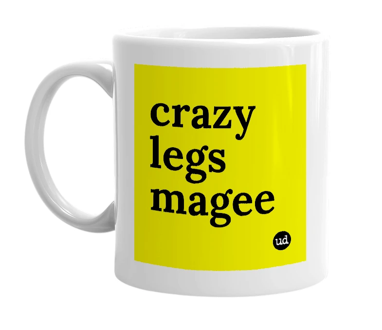White mug with 'crazy legs magee' in bold black letters
