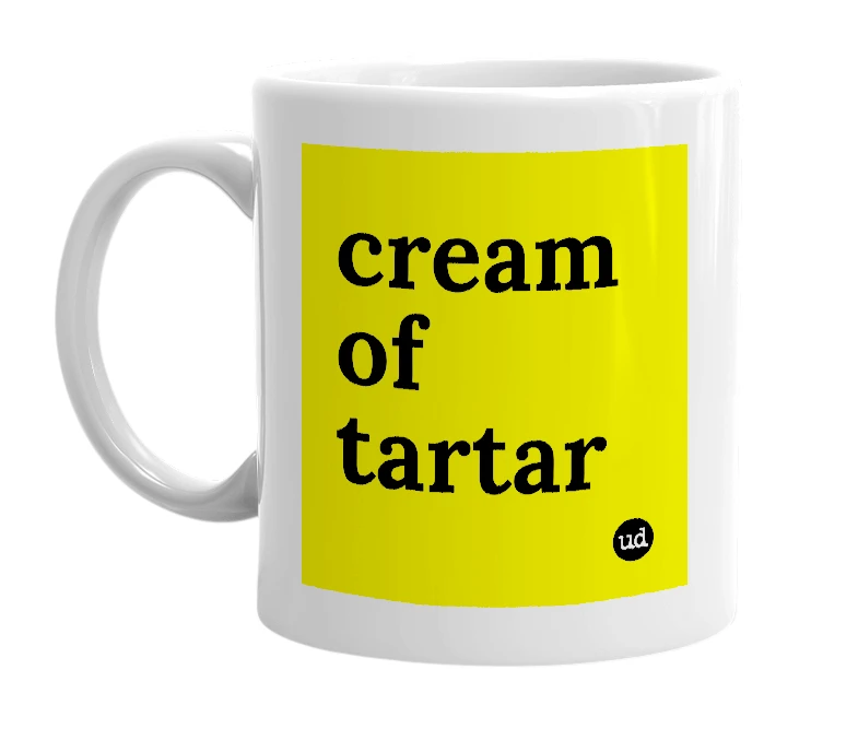 White mug with 'cream of tartar' in bold black letters