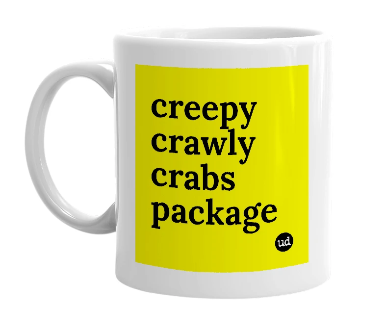 White mug with 'creepy crawly crabs package' in bold black letters