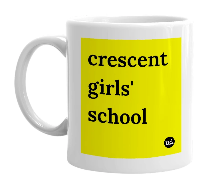 White mug with 'crescent girls' school' in bold black letters