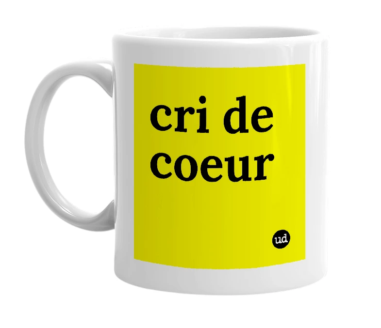 White mug with 'cri de coeur' in bold black letters