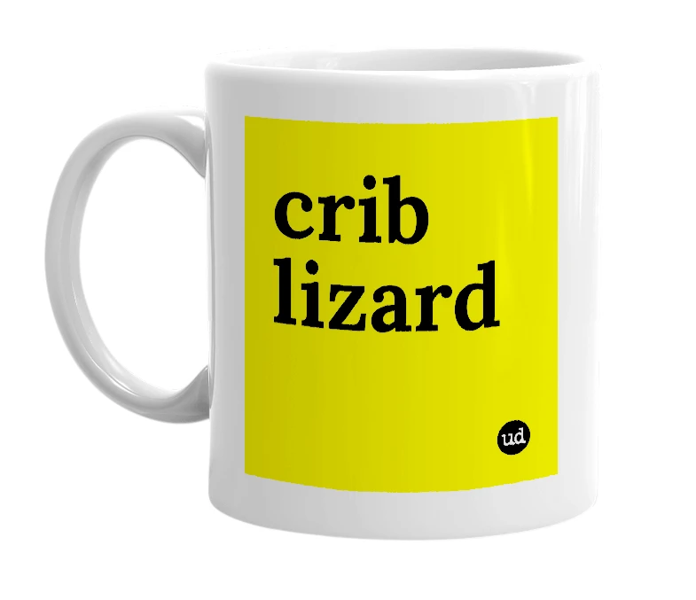 White mug with 'crib lizard' in bold black letters