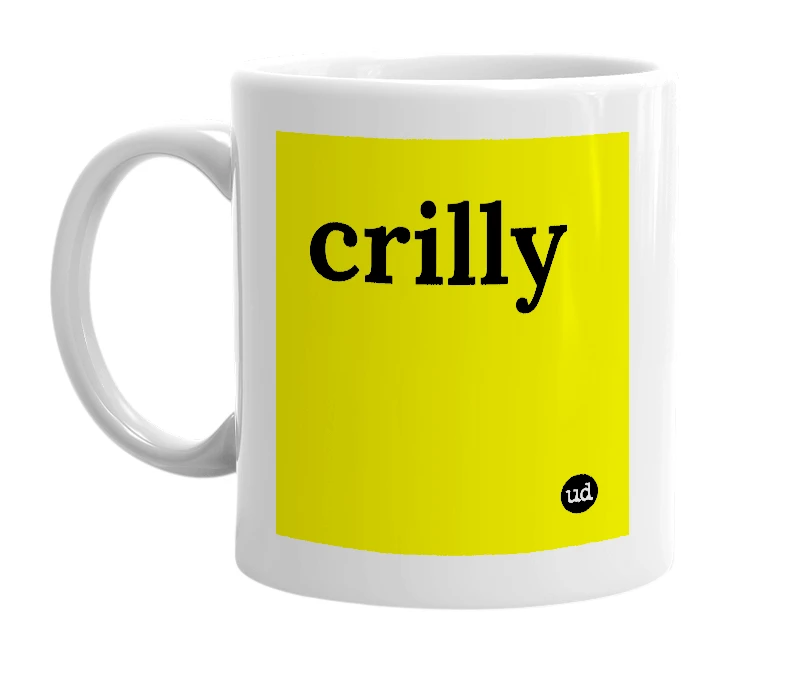 White mug with 'crilly' in bold black letters