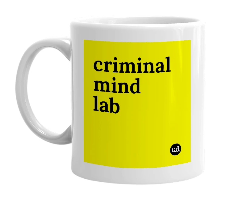 White mug with 'criminal mind lab' in bold black letters