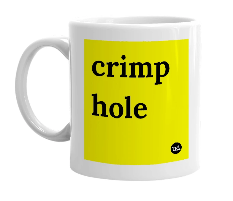 White mug with 'crimp hole' in bold black letters