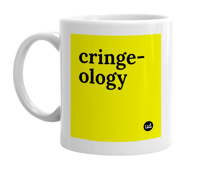 White mug with 'cringe-ology' in bold black letters