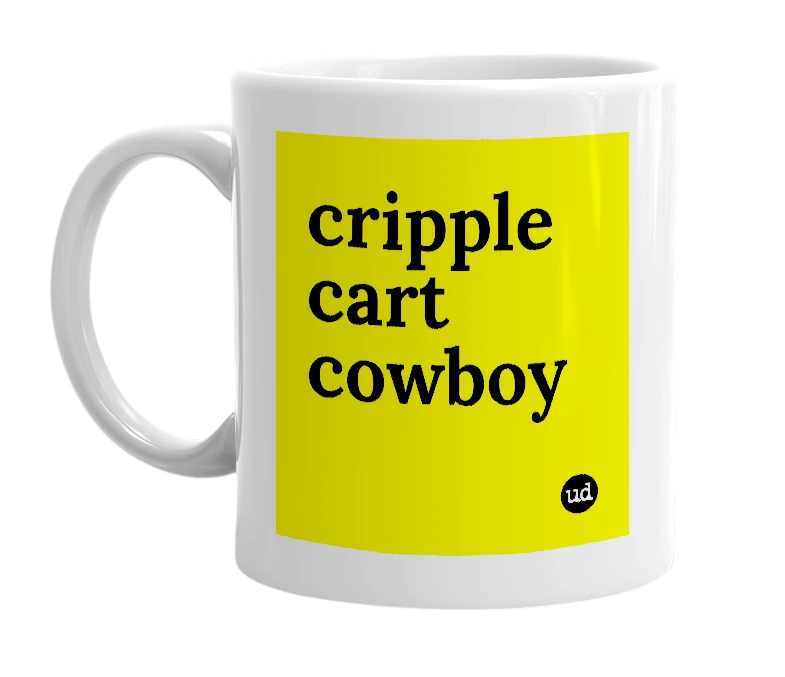 White mug with 'cripple cart cowboy' in bold black letters