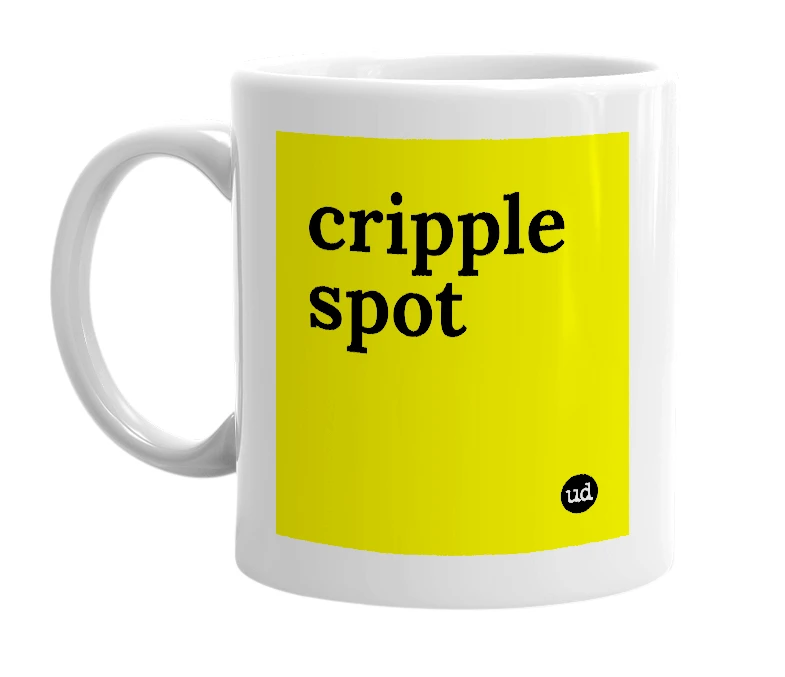 White mug with 'cripple spot' in bold black letters