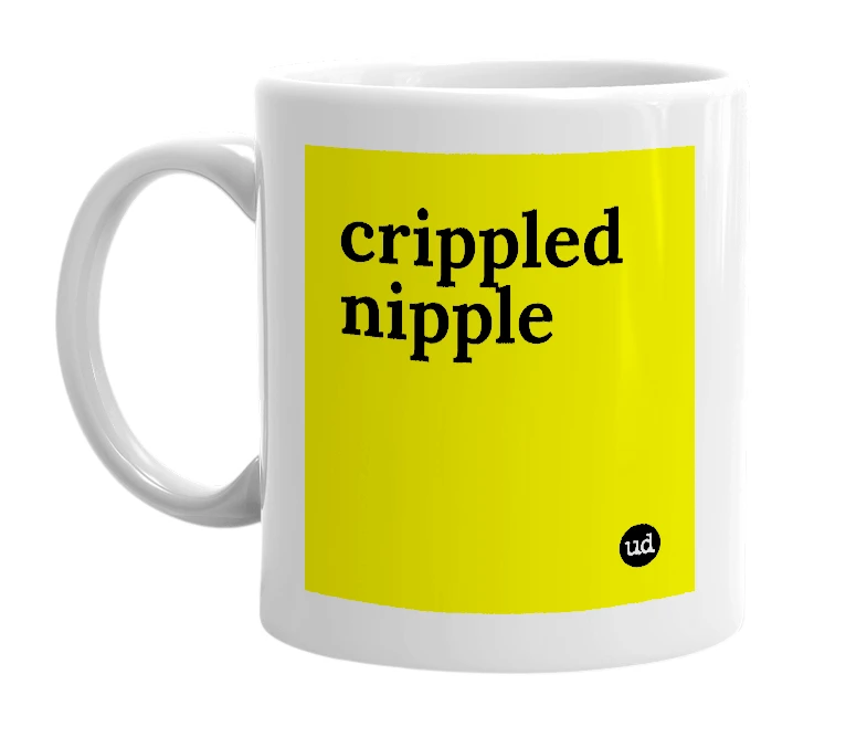 White mug with 'crippled nipple' in bold black letters