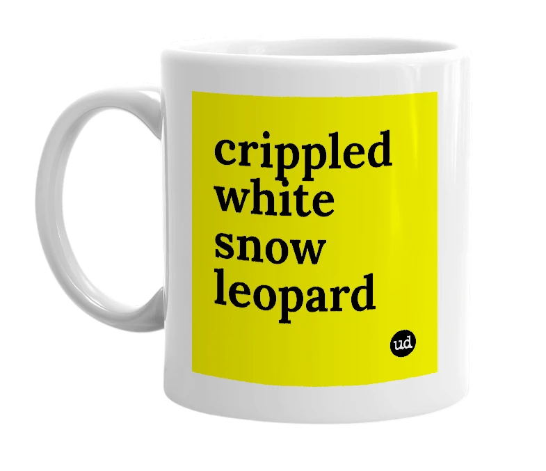 White mug with 'crippled white snow leopard' in bold black letters