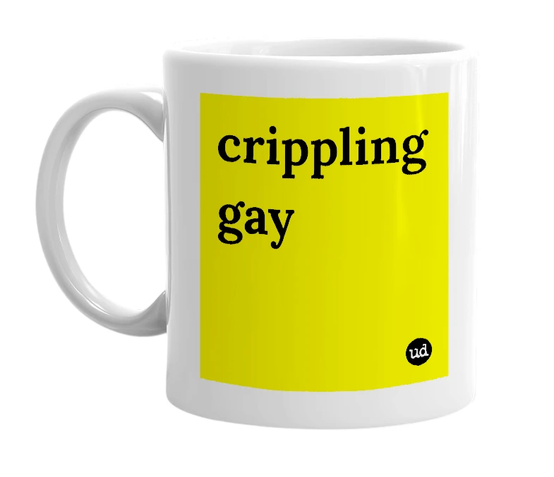 White mug with 'crippling gay' in bold black letters