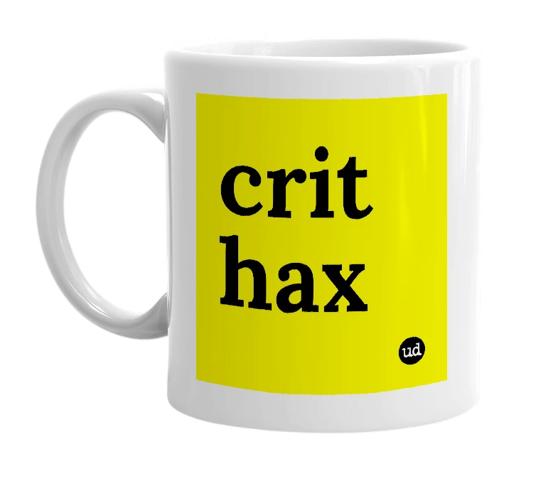 White mug with 'crit hax' in bold black letters