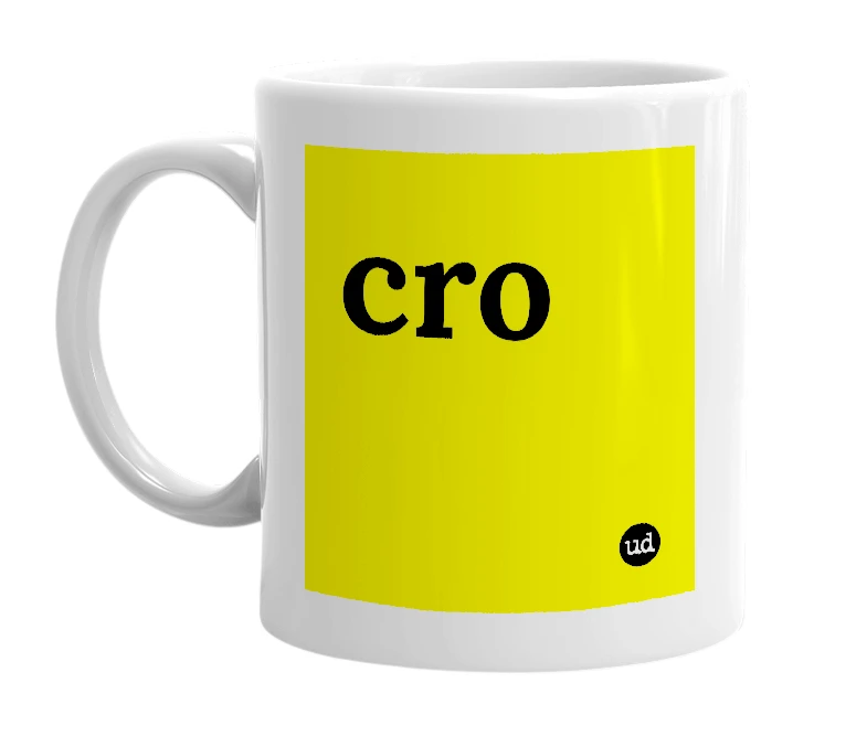 White mug with 'cro' in bold black letters