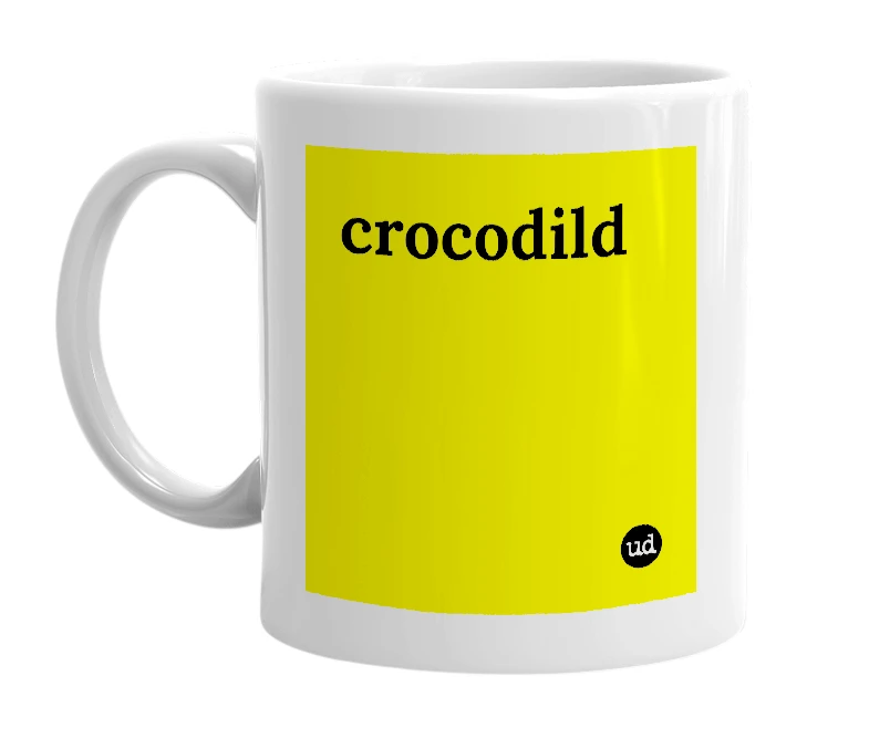 White mug with 'crocodild' in bold black letters