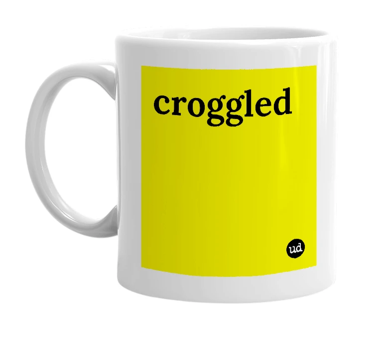 White mug with 'croggled' in bold black letters