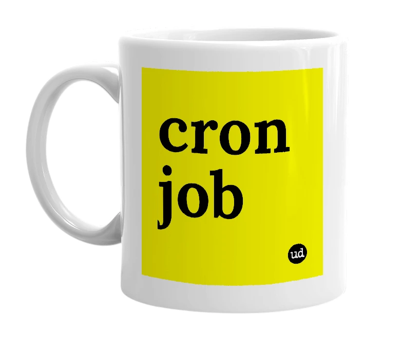 White mug with 'cron job' in bold black letters