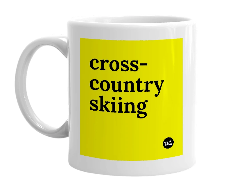 White mug with 'cross-country skiing' in bold black letters