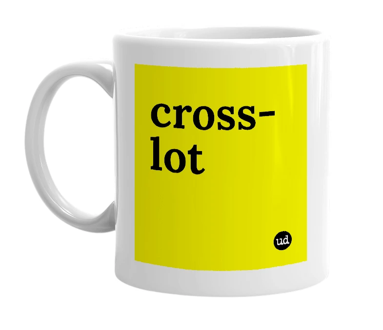 White mug with 'cross-lot' in bold black letters