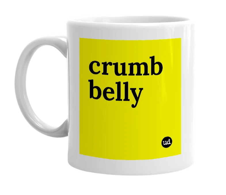 White mug with 'crumb belly' in bold black letters