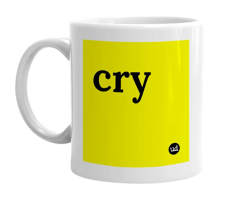 White mug with 'cry' in bold black letters