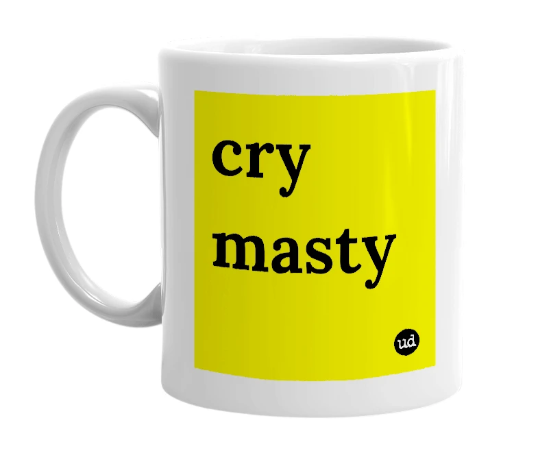 White mug with 'cry masty' in bold black letters