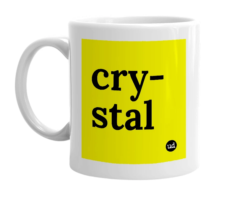 White mug with 'cry-stal' in bold black letters