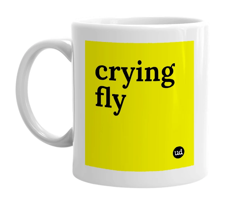 White mug with 'crying fly' in bold black letters