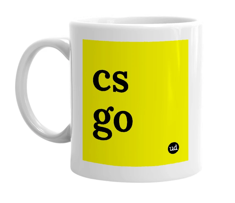 White mug with 'cs go' in bold black letters