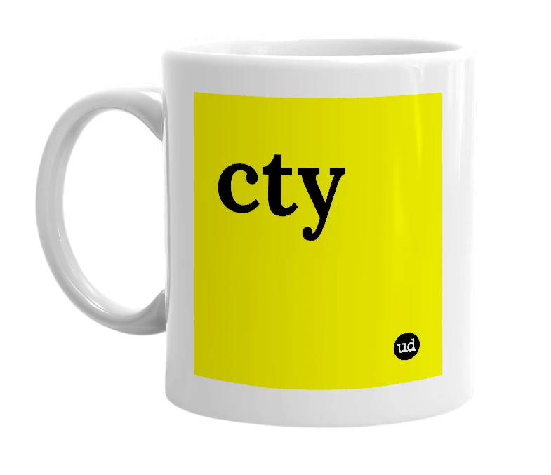 White mug with 'cty' in bold black letters