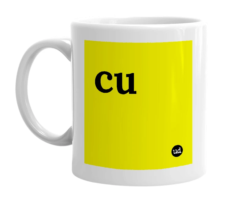 White mug with 'cu' in bold black letters