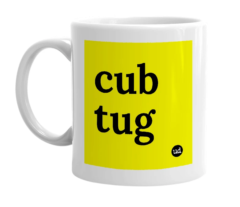 White mug with 'cub tug' in bold black letters
