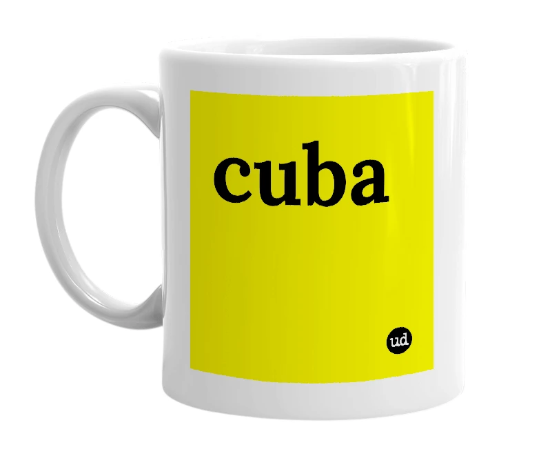 White mug with 'cuba' in bold black letters