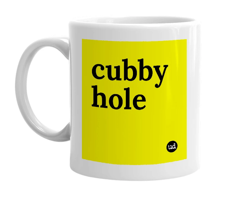 White mug with 'cubby hole' in bold black letters