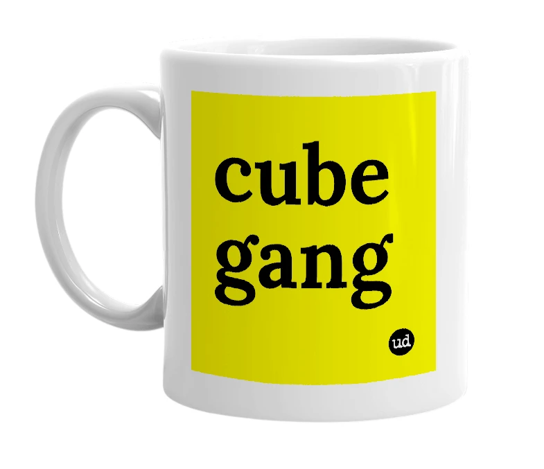 White mug with 'cube gang' in bold black letters