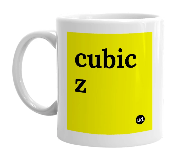 White mug with 'cubic z' in bold black letters