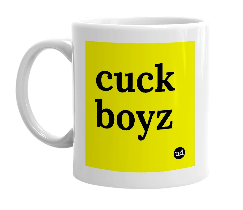White mug with 'cuck boyz' in bold black letters