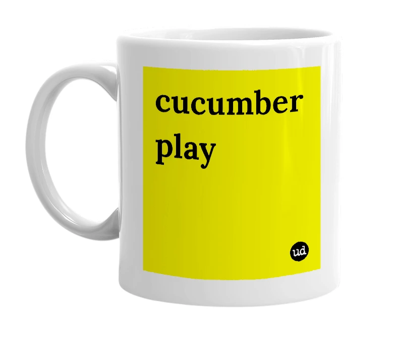 White mug with 'cucumber play' in bold black letters