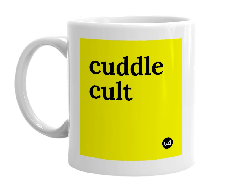 White mug with 'cuddle cult' in bold black letters