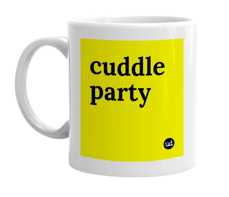 White mug with 'cuddle party' in bold black letters