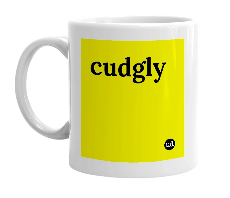 White mug with 'cudgly' in bold black letters