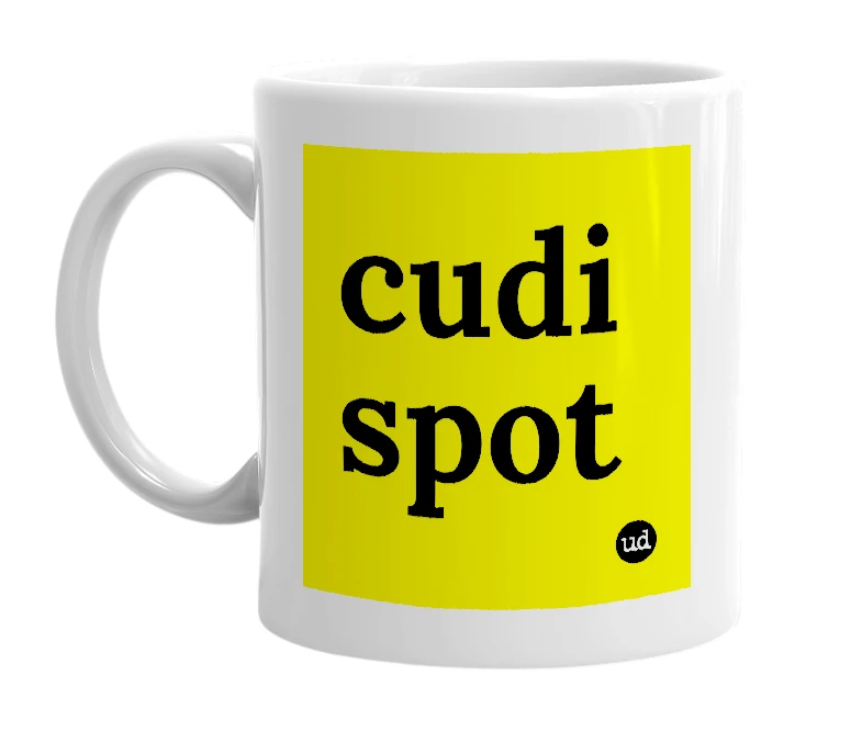 White mug with 'cudi spot' in bold black letters