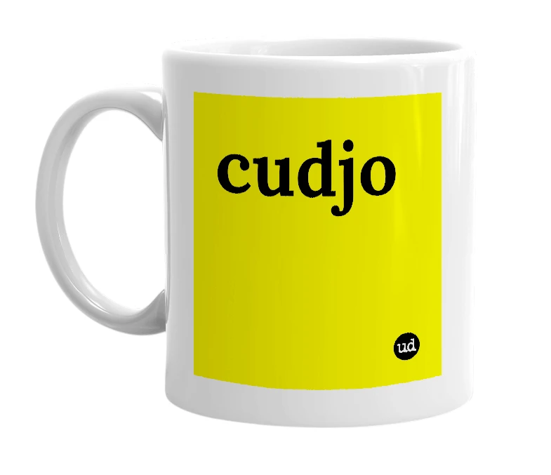 White mug with 'cudjo' in bold black letters
