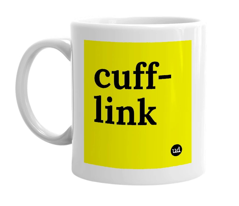 White mug with 'cuff-link' in bold black letters