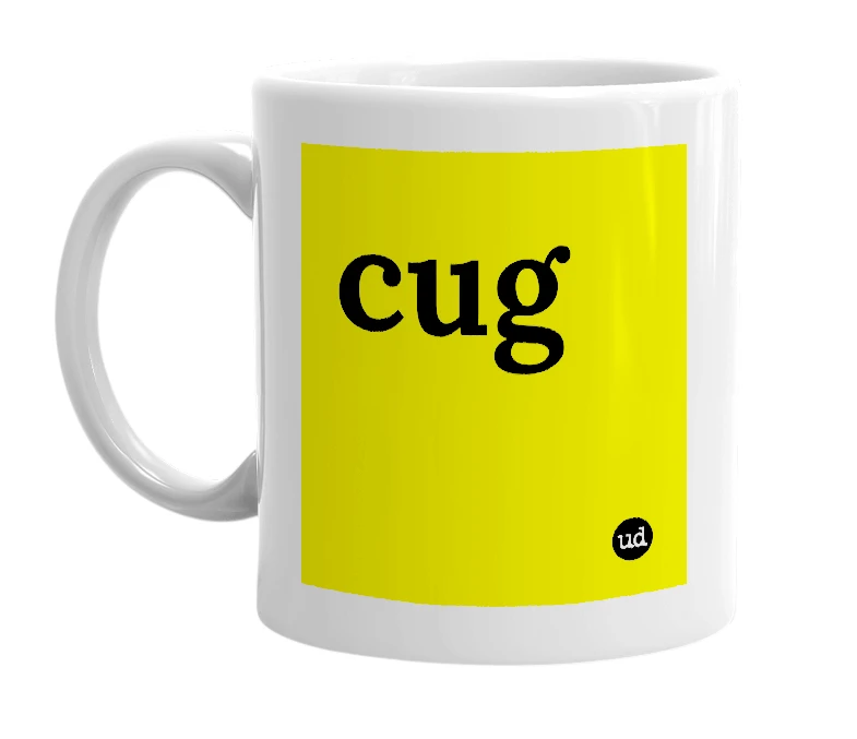 White mug with 'cug' in bold black letters