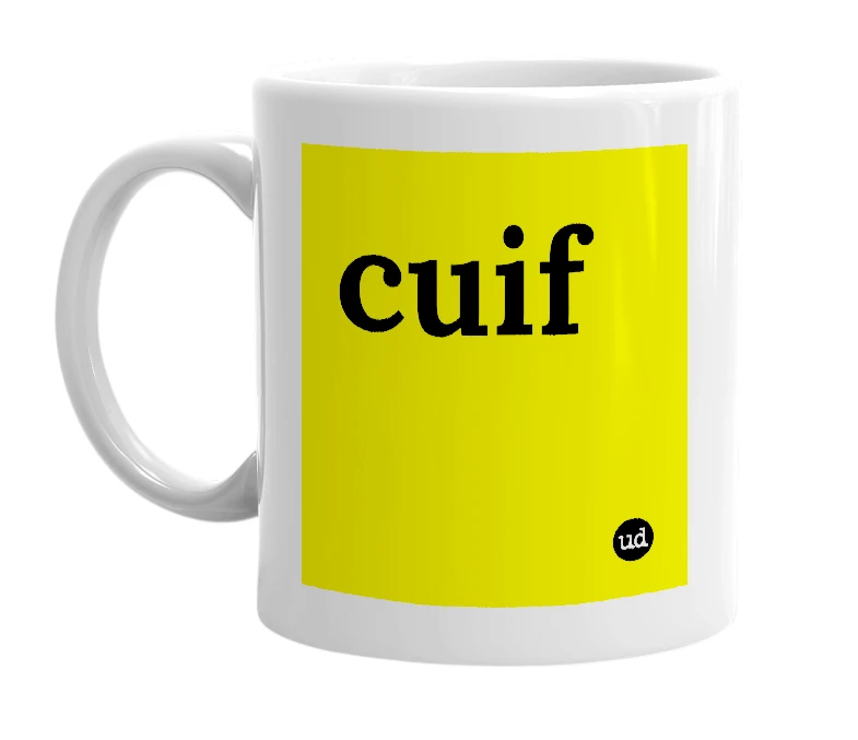 White mug with 'cuif' in bold black letters