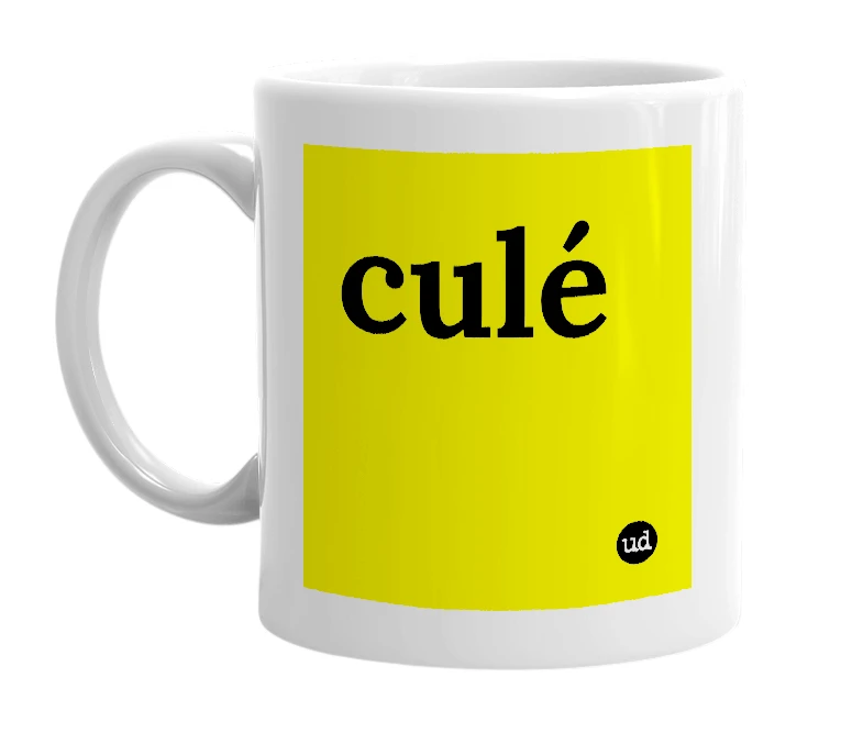 White mug with 'culé' in bold black letters