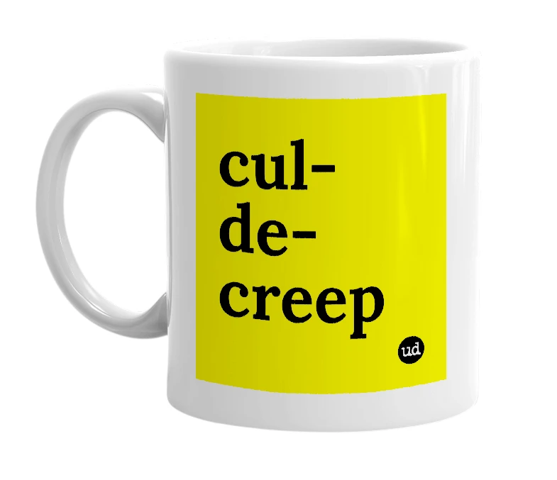 White mug with 'cul-de-creep' in bold black letters