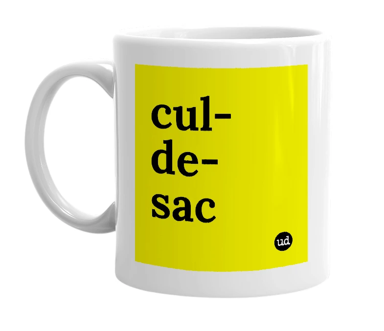 White mug with 'cul-de-sac' in bold black letters