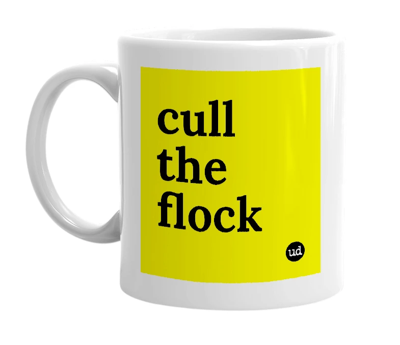 White mug with 'cull the flock' in bold black letters