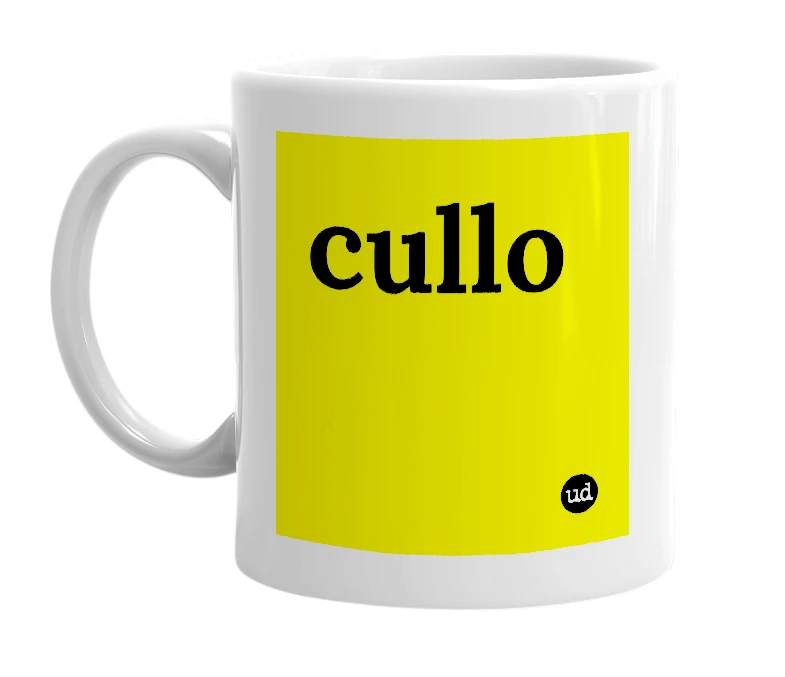 White mug with 'cullo' in bold black letters